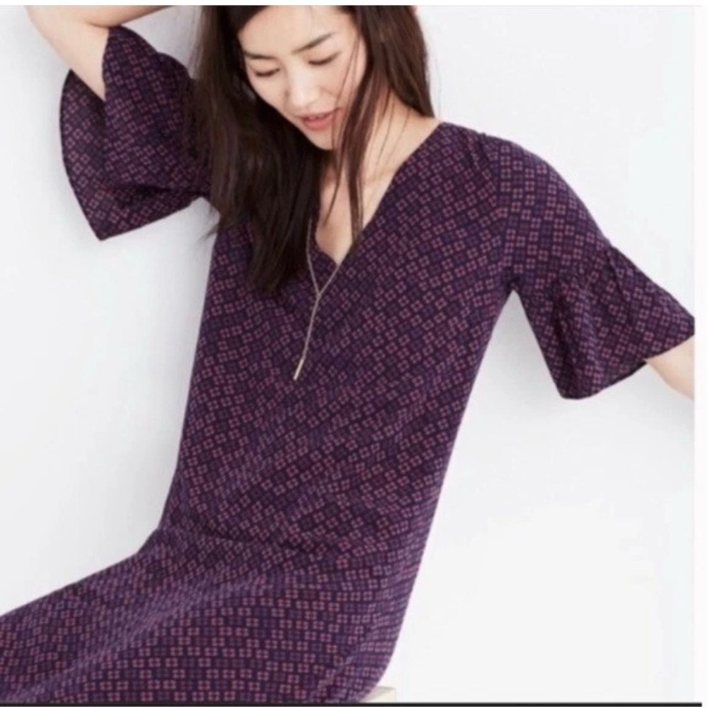 Madewell deep purple and navy bell sleeve dress